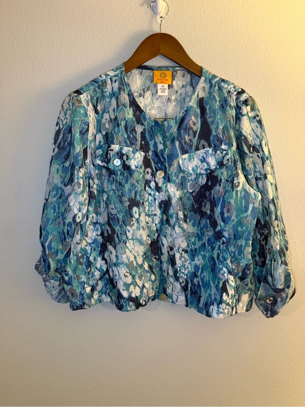 Ruby Rd. Blue Green Multi-Print Button Front Blazer - Picture 2 of 8